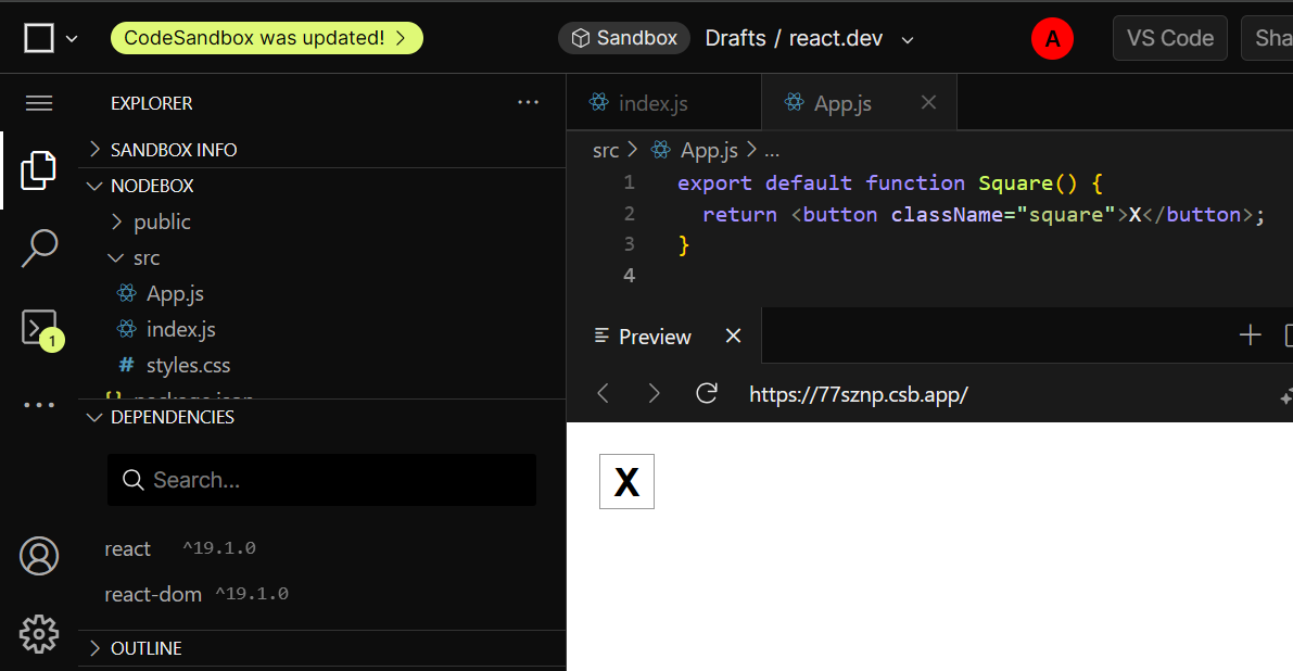CodeSandbox مع الكود المبدئي